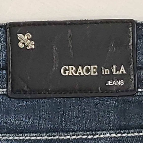Grace In La Womens Boot Cut Jeans Blue Stretch Embellished Stone Wash Denim 9 - Picture 10 of 12